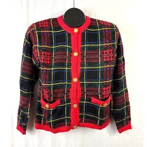 Vintage 90s Westbound Petites Plaid Cardigan Sweater Knit Christmas Tartan Small